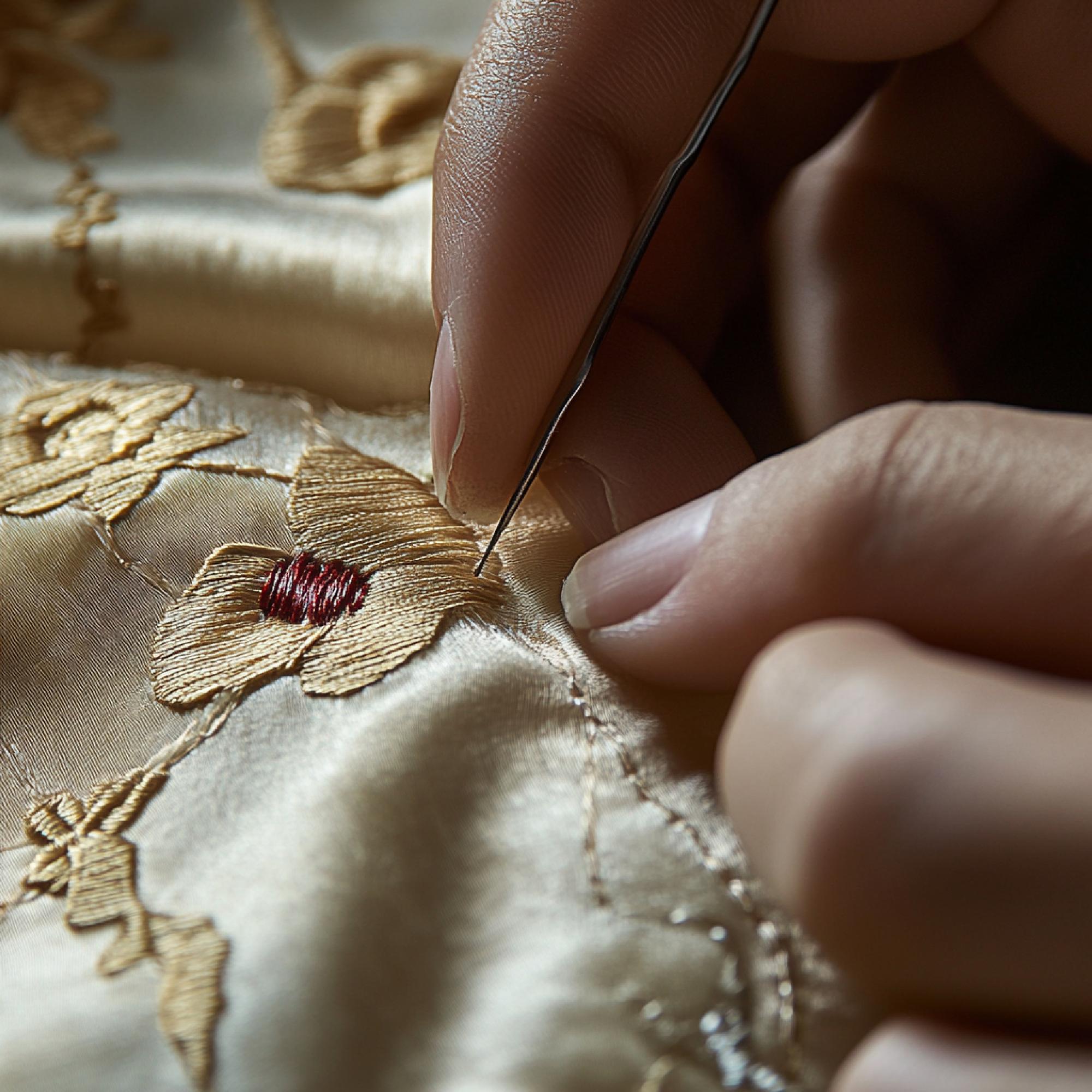 Close-up luxury hand embroidery on silk